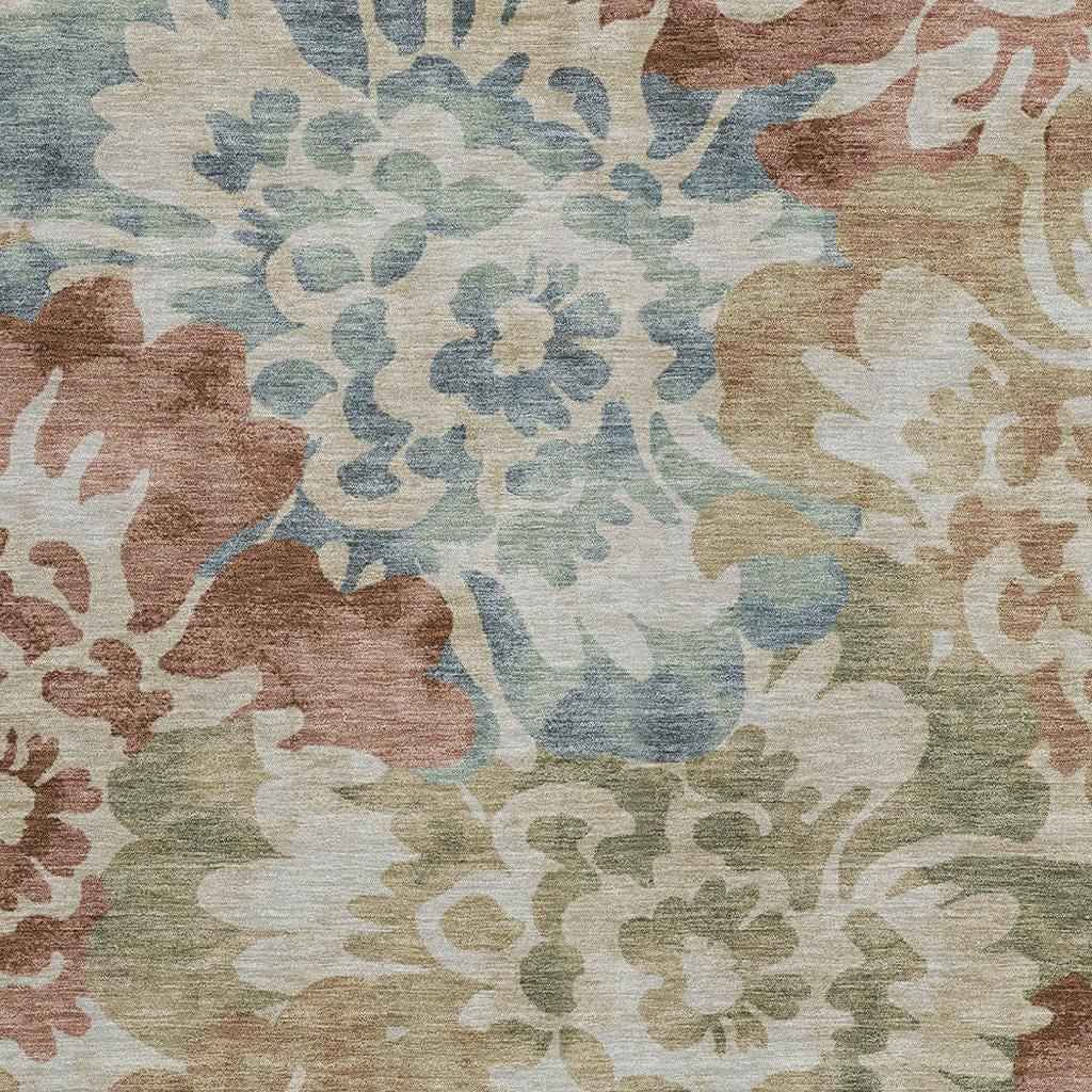 10' X 14' Rust And Beige Floral Washable Indoor Outdoor Area Rug