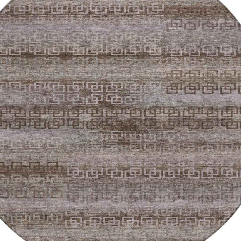 8' Chocolate And Gray Round Striped Washable Indoor Outdoor Area Rug