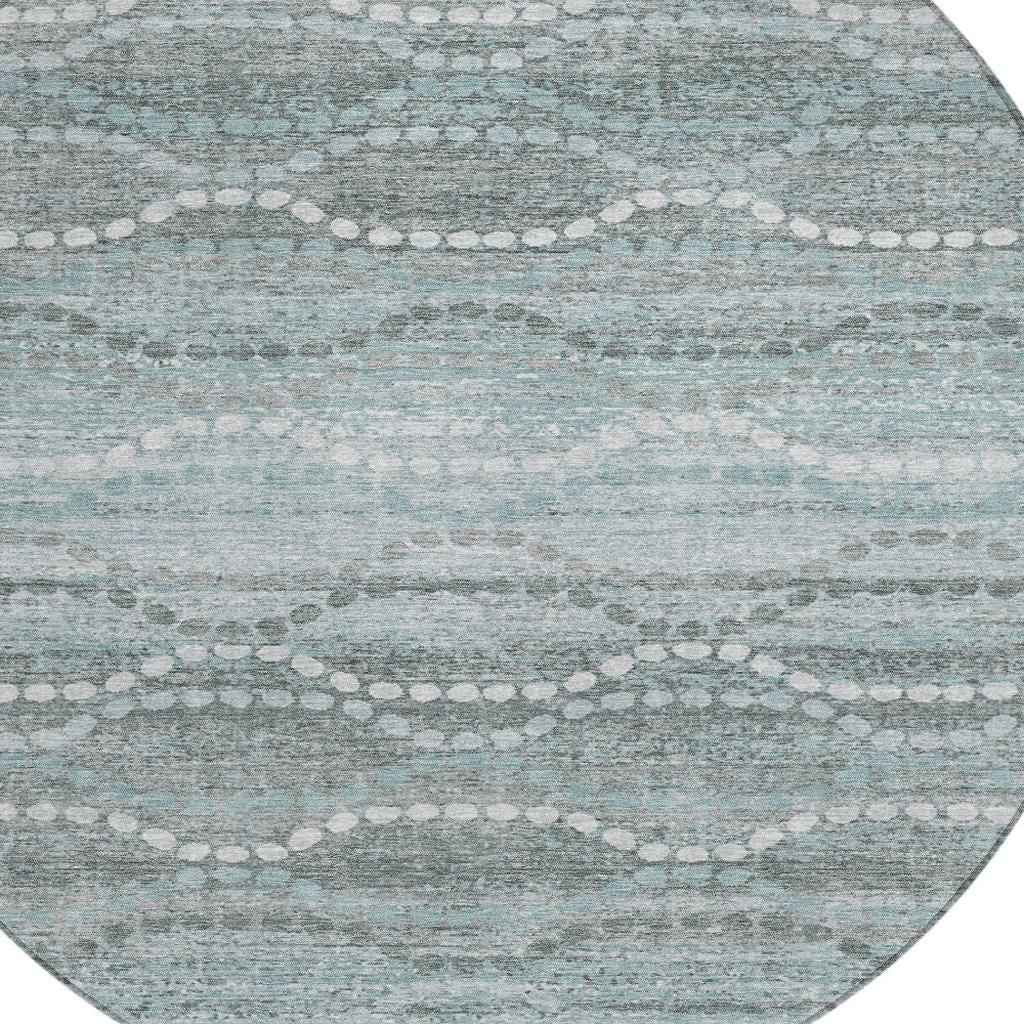 8' Teal Blue And Ivory Round Ogee Washable Indoor Outdoor Area Rug