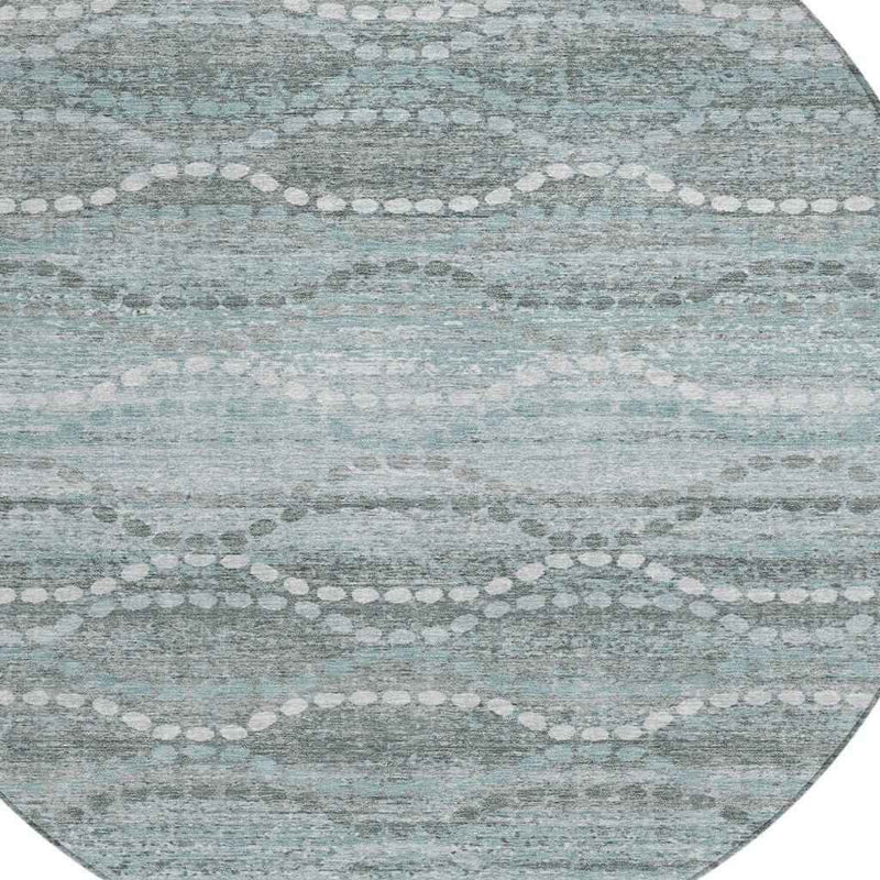 8' Teal Blue And Ivory Round Ogee Washable Indoor Outdoor Area Rug
