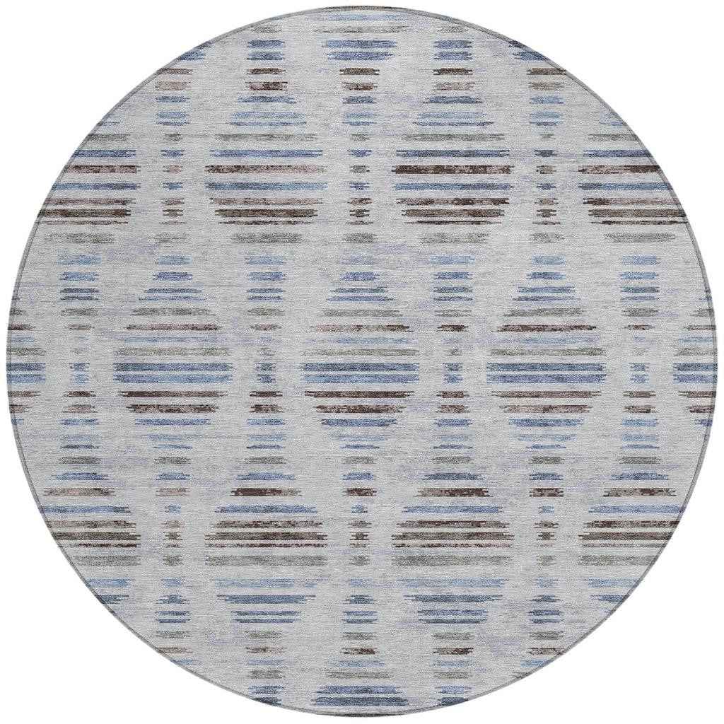 8' Beige And Denim Blue Round Striped Washable Indoor Outdoor Area Rug