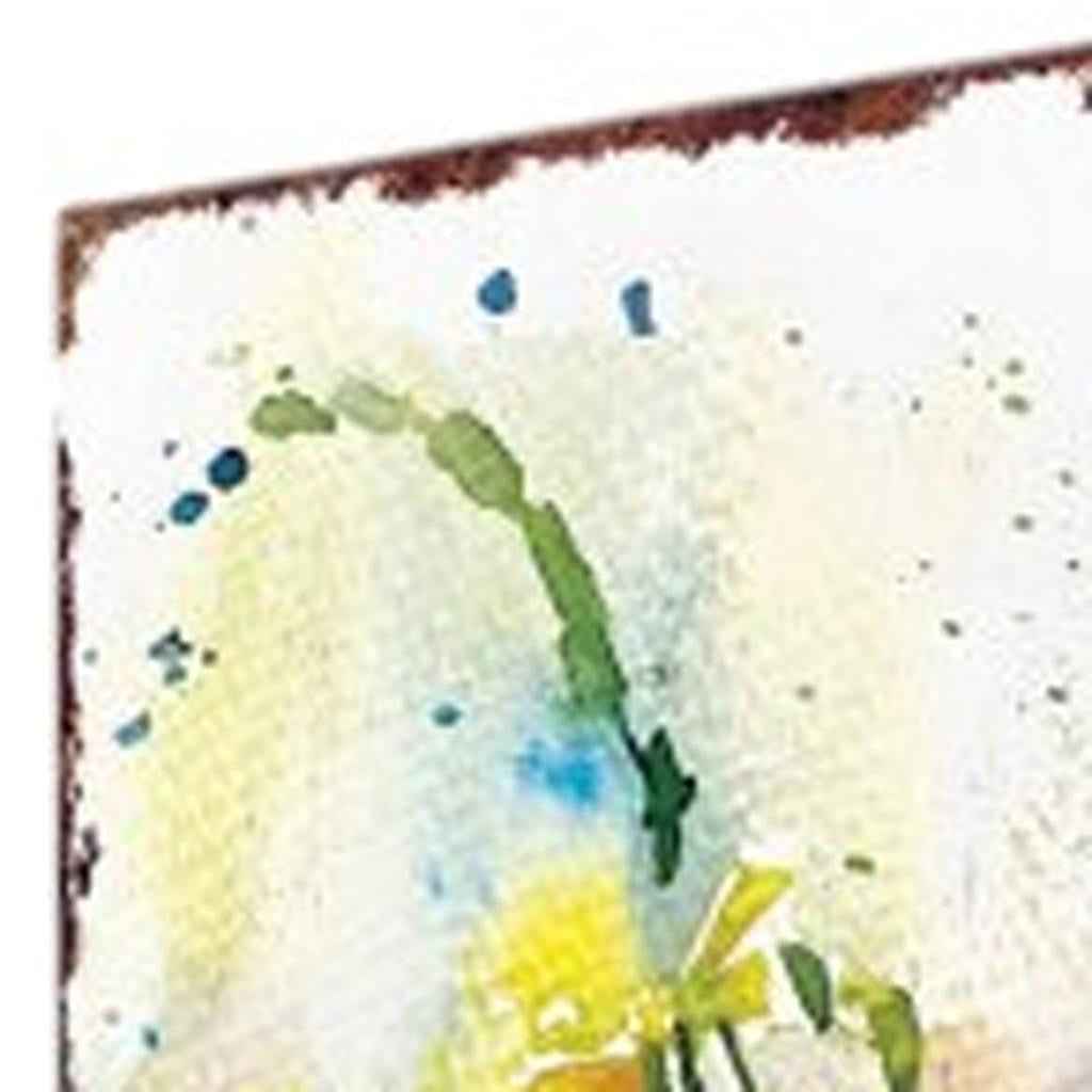 33" Blue White And Yellow Solid Wood Watercolor Floral Garden Stake