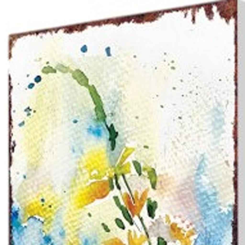 33" Blue White And Yellow Solid Wood Watercolor Floral Garden Stake