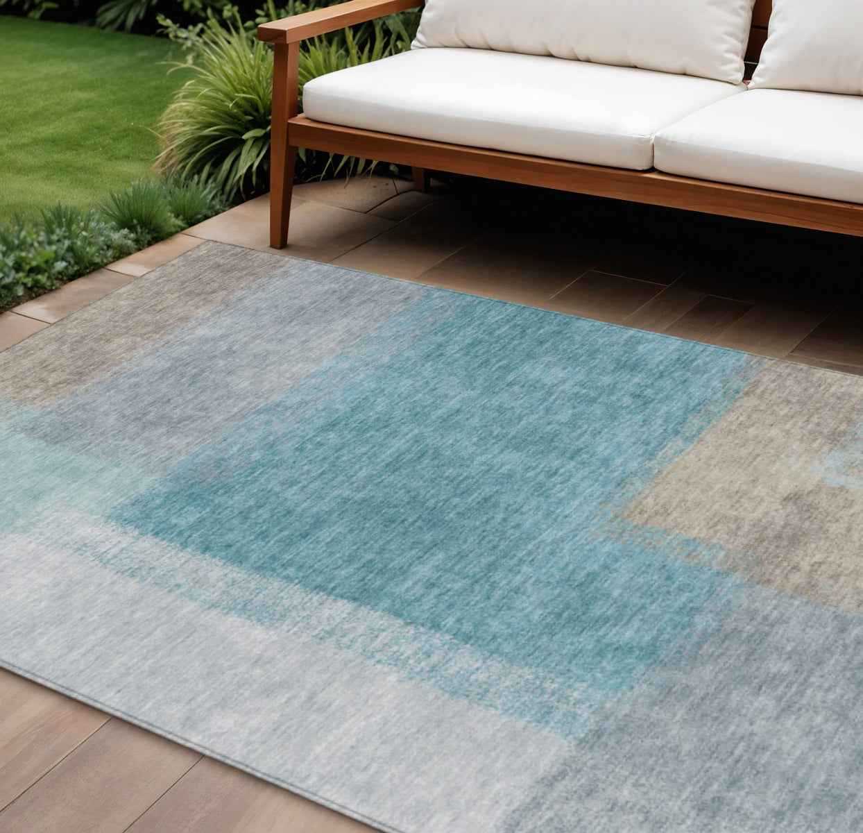 10' X 14' Teal Blue Ivory And Gray Abstract Washable Indoor Outdoor Area Rug
