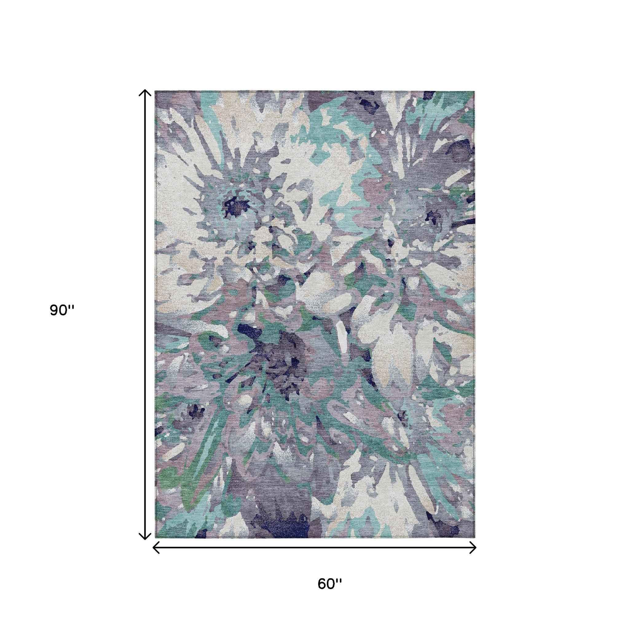 5' X 8' Lavender Gray And Ivory Floral Washable Indoor Outdoor Area Rug