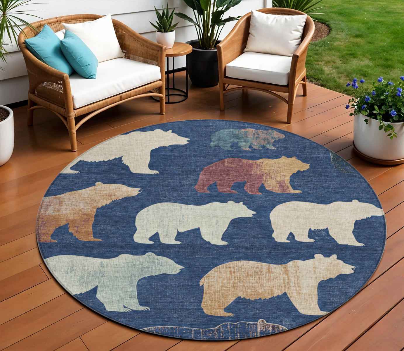 8' Navy Blue Ivory And Beige Round Animal Print Washable Indoor Outdoor Area Rug