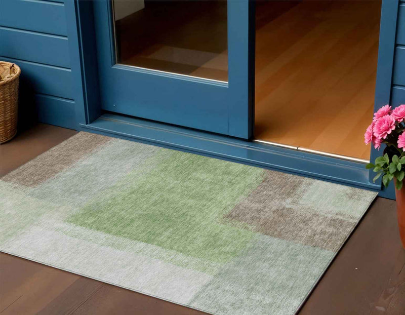 3' X 5' Artichoke Green Ivory And Brown Abstract Washable Indoor Outdoor Area Rug