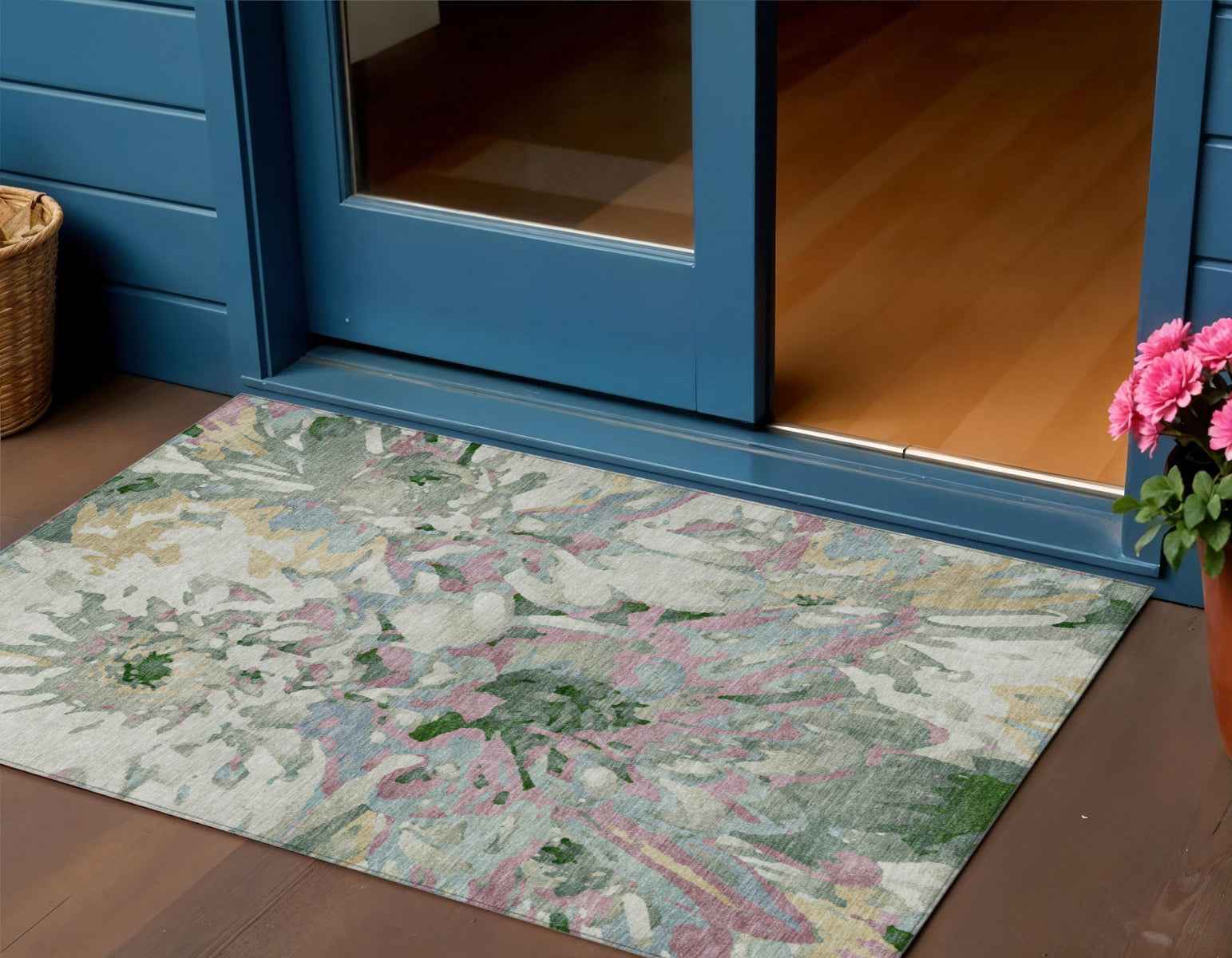 3' X 5' Sage Gold And Emerald Floral Washable Indoor Outdoor Area Rug