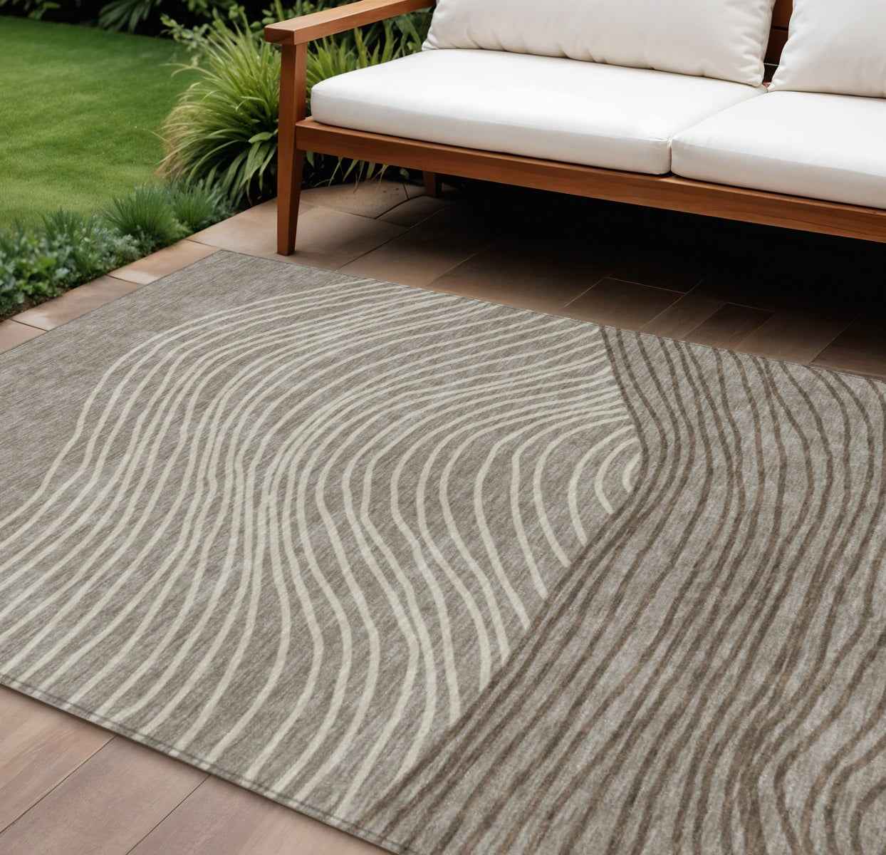 8' X 10' Taupe Beige And Brown Striped Washable Indoor Outdoor Area Rug