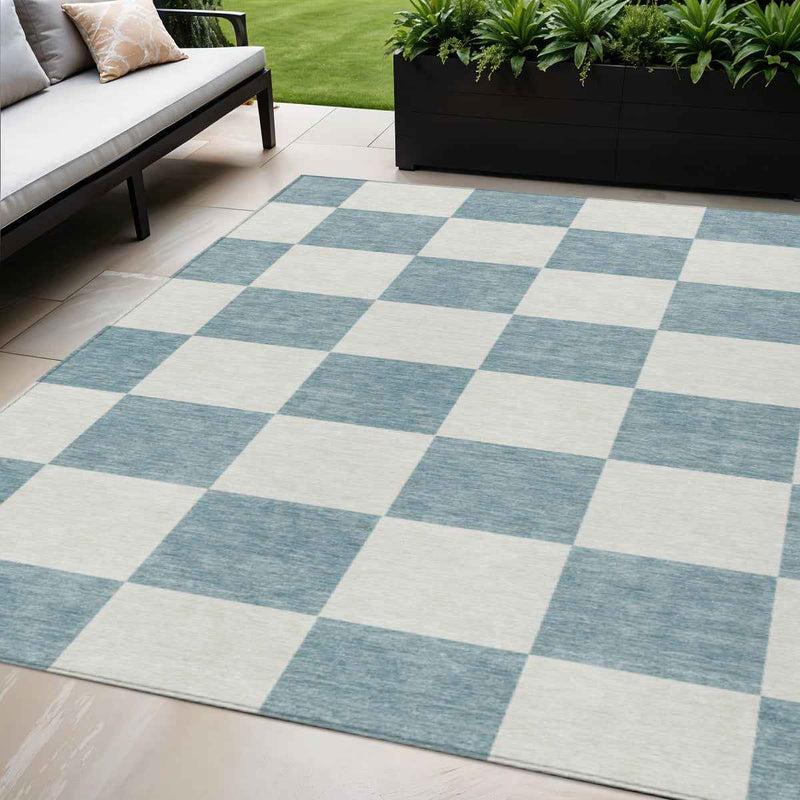 5' X 8' Teal Blue And Ivory Geometric Washable Indoor Outdoor Area Rug