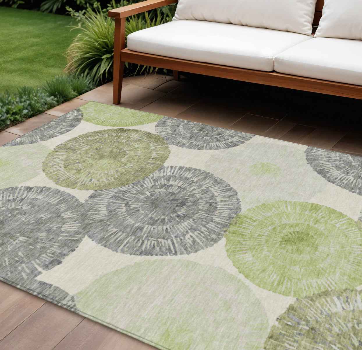8' X 10' Artichoke Green Ivory And Gray Abstract Washable Indoor Outdoor Area Rug