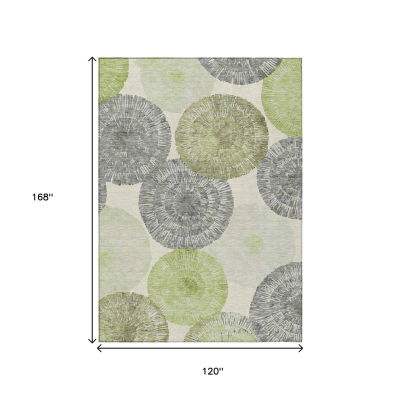 10' X 14' Artichoke Green Ivory And Gray Abstract Washable Indoor Outdoor Area Rug