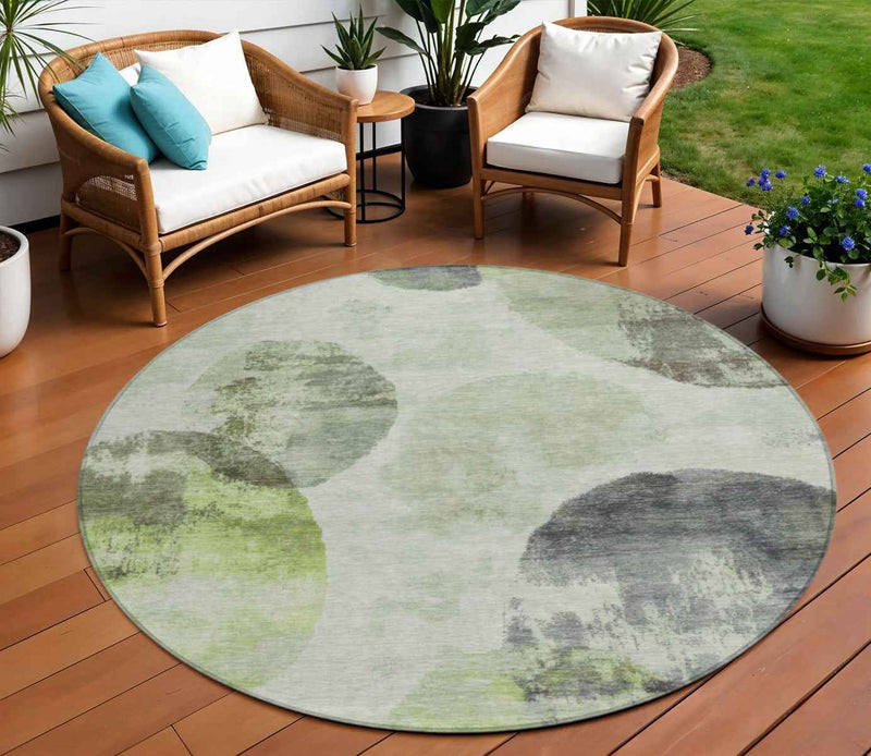 8' Artichoke Green And Ivory Round Abstract Washable Indoor Outdoor Area Rug
