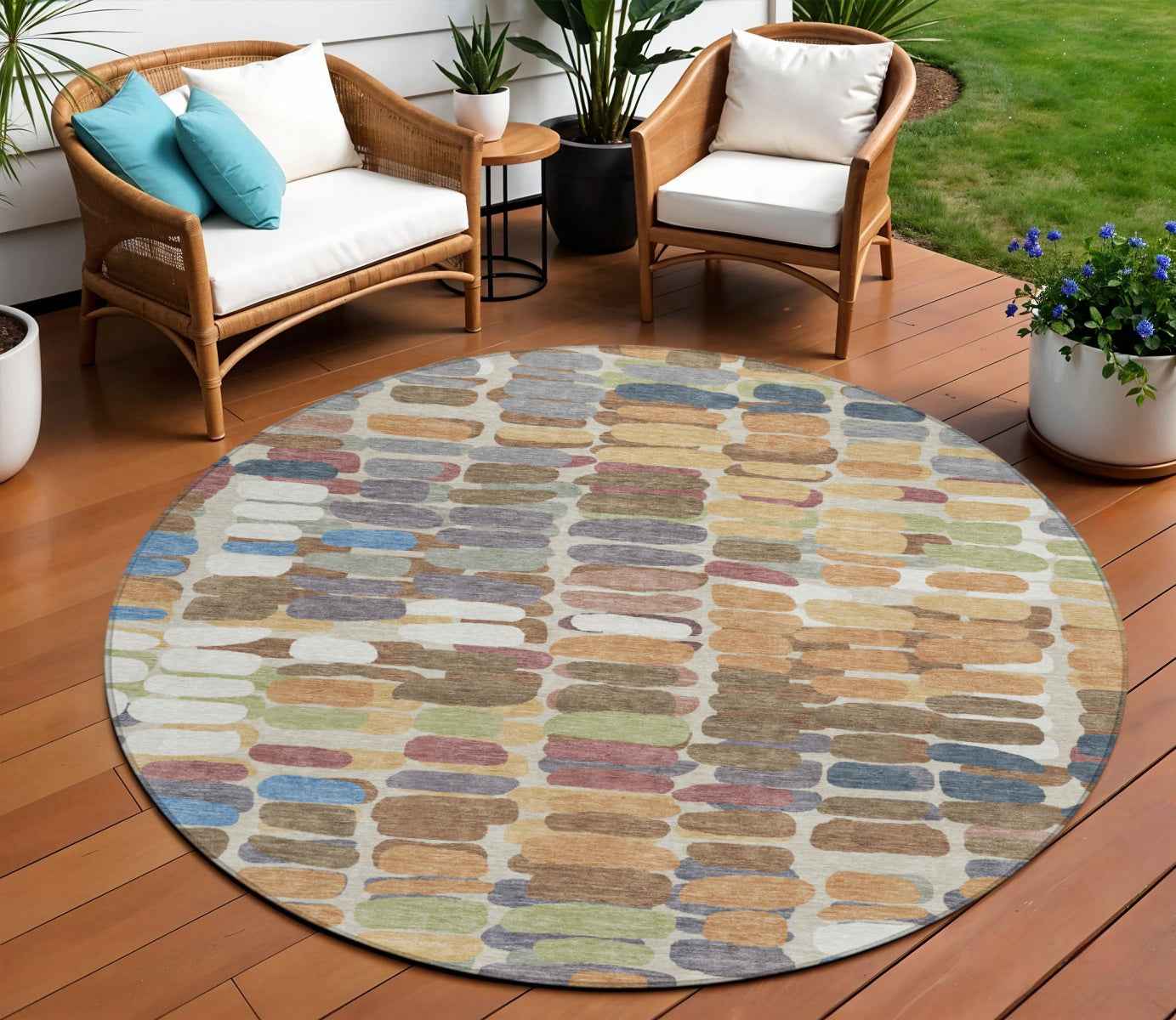 8' Copper White And Gray Round Abstract Washable Indoor Outdoor Area Rug