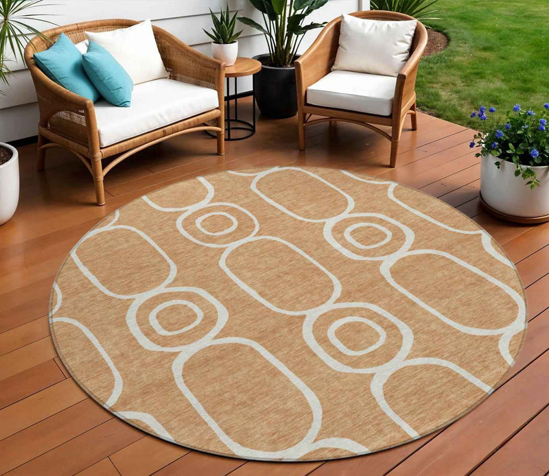 8' Rust And Ivory Round Geometric Washable Indoor Outdoor Area Rug