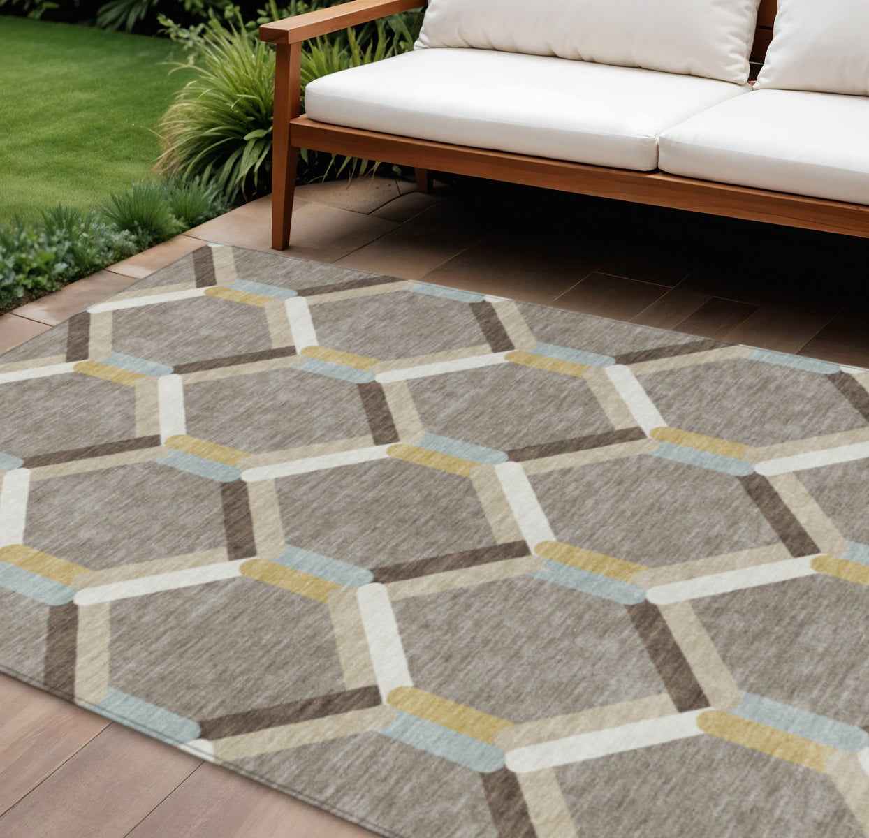 9' X 12' Brown Ivory And Beige Geometric Washable Indoor Outdoor Area Rug