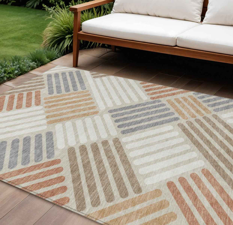 10' X 14' Copper Ivory And Rust Geometric Washable Indoor Outdoor Area Rug