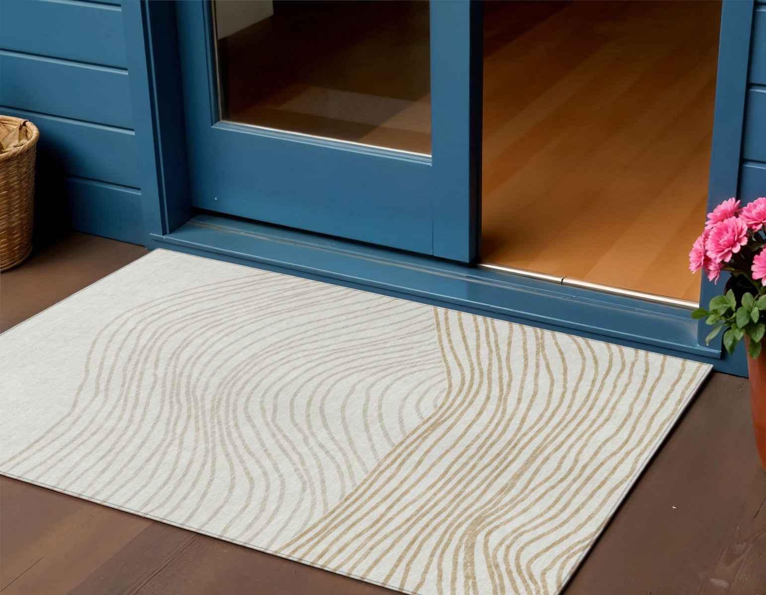 3' X 5' Ivory And Wheat Striped Washable Indoor Outdoor Area Rug