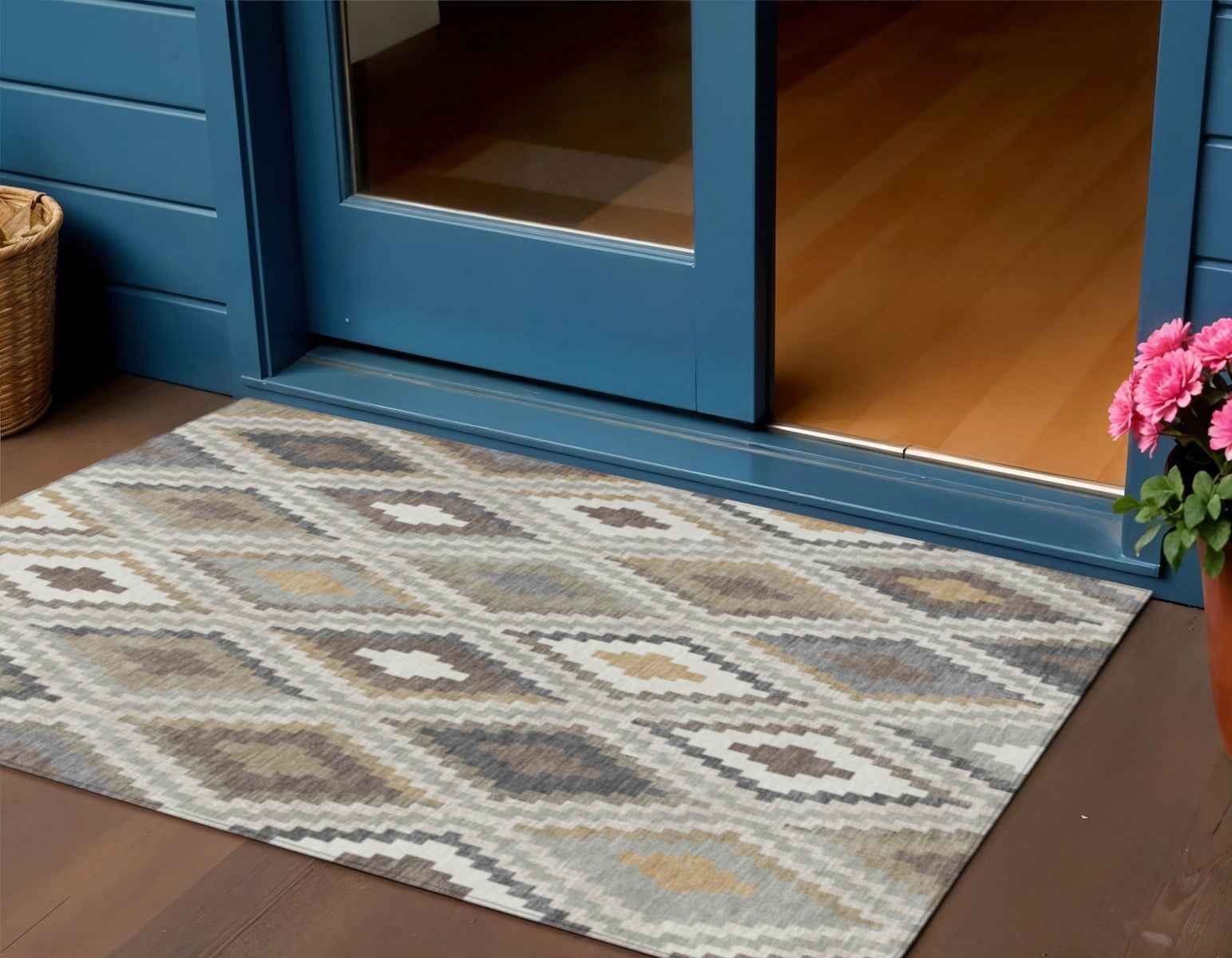 3' X 5' Taupe Gold And Ivory Geometric Washable Indoor Outdoor Area Rug