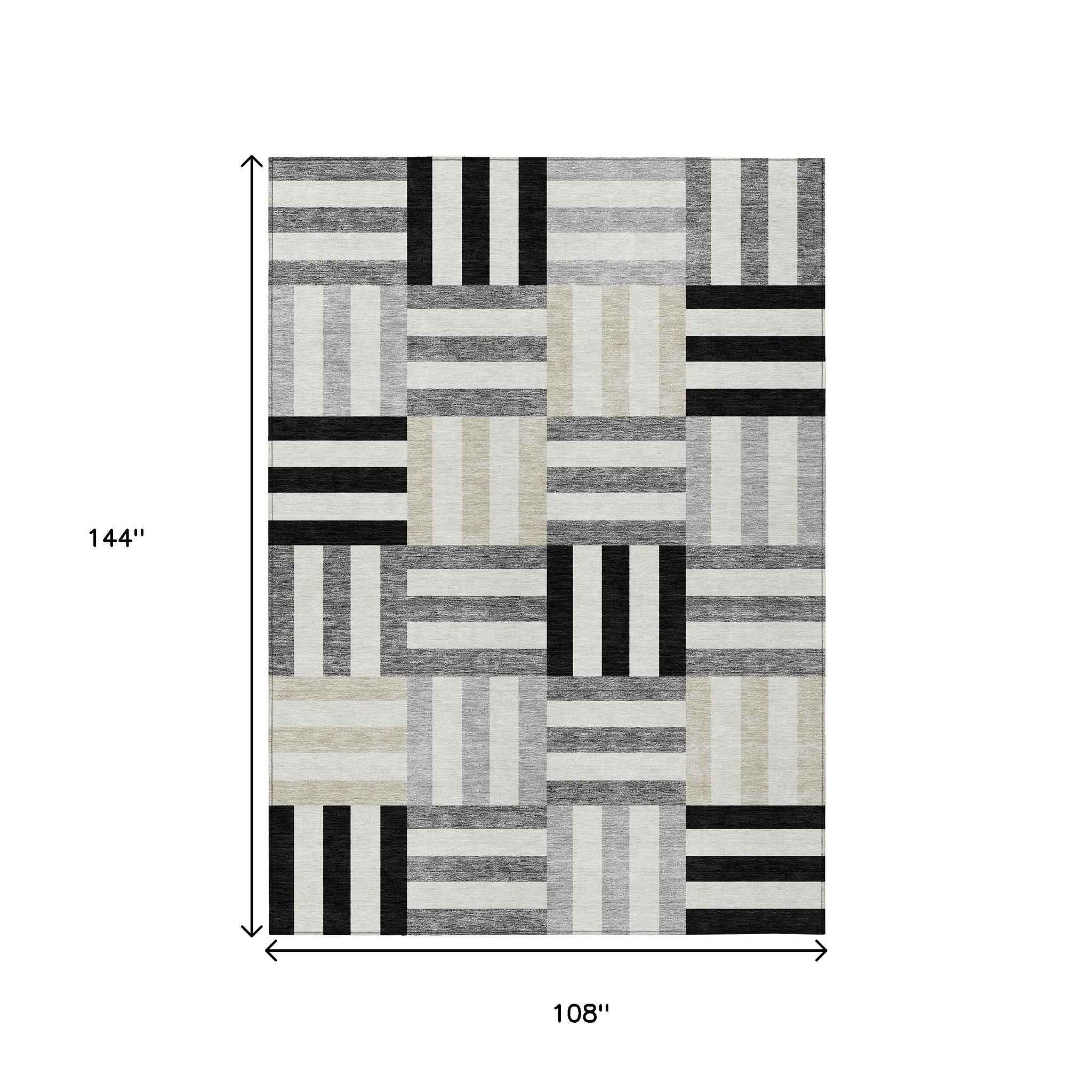 9' X 12' Black Beige And Ivory Geometric Washable Indoor Outdoor Area Rug