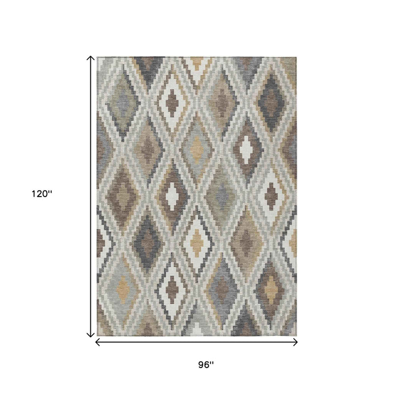 8' X 10' Taupe Gold And Ivory Geometric Washable Indoor Outdoor Area Rug