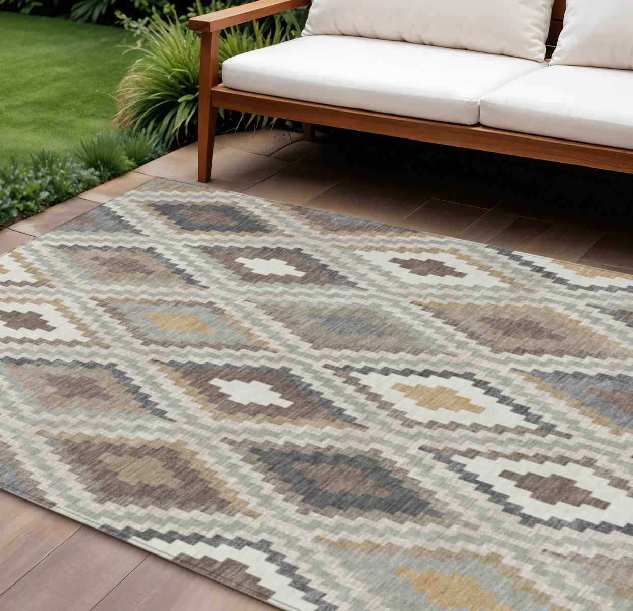 8' X 10' Taupe Gold And Ivory Geometric Washable Indoor Outdoor Area Rug