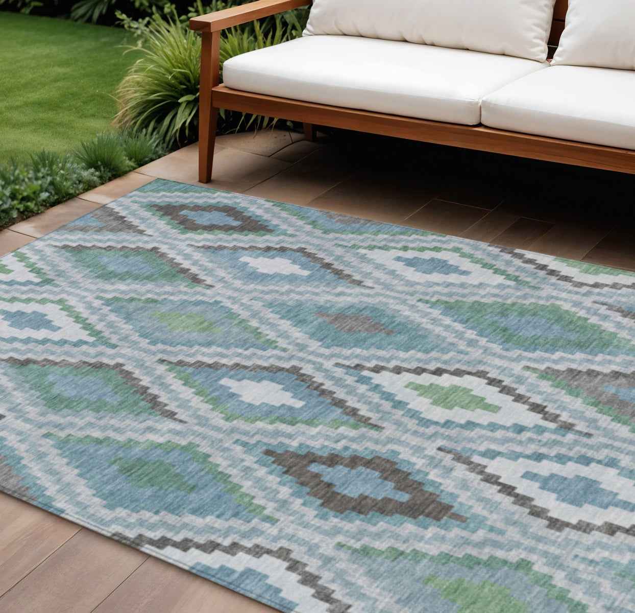 8' X 10' Teal Blue Ivory And Green Geometric Washable Indoor Outdoor Area Rug
