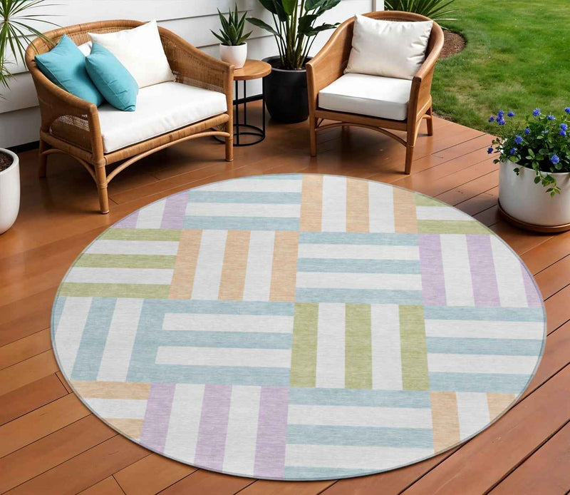 8' Pearl Blue And Lavender Round Geometric Washable Indoor Outdoor Area Rug