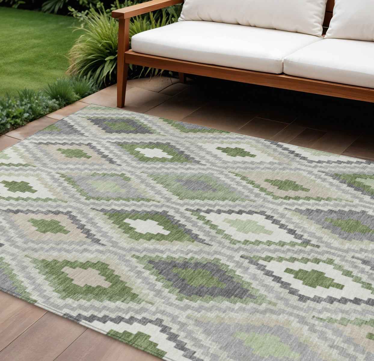 8' X 10' Fern Green Gray And Ivory Geometric Washable Indoor Outdoor Area Rug