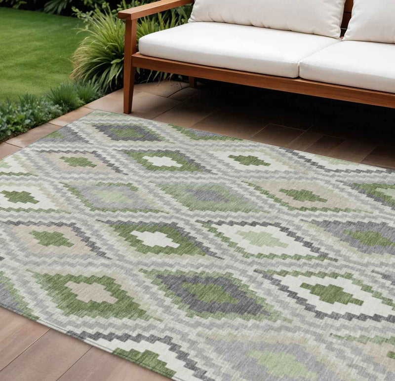 8' X 10' Fern Green Gray And Ivory Geometric Washable Indoor Outdoor Area Rug
