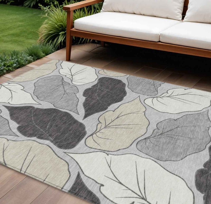 8' X 10' Silver Gray And Beige Botanical Leaves Washable Indoor Outdoor Area Rug