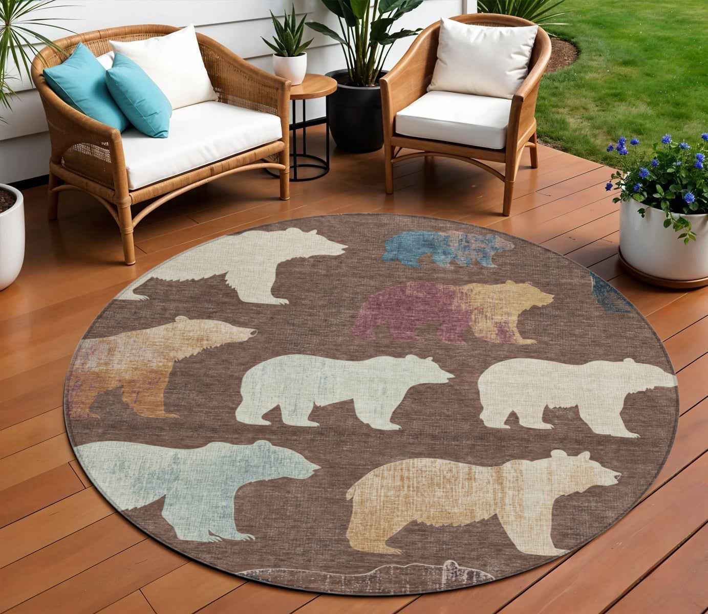 8' Chocolate Ivory And Blue Round Animal Print Washable Indoor Outdoor Area Rug