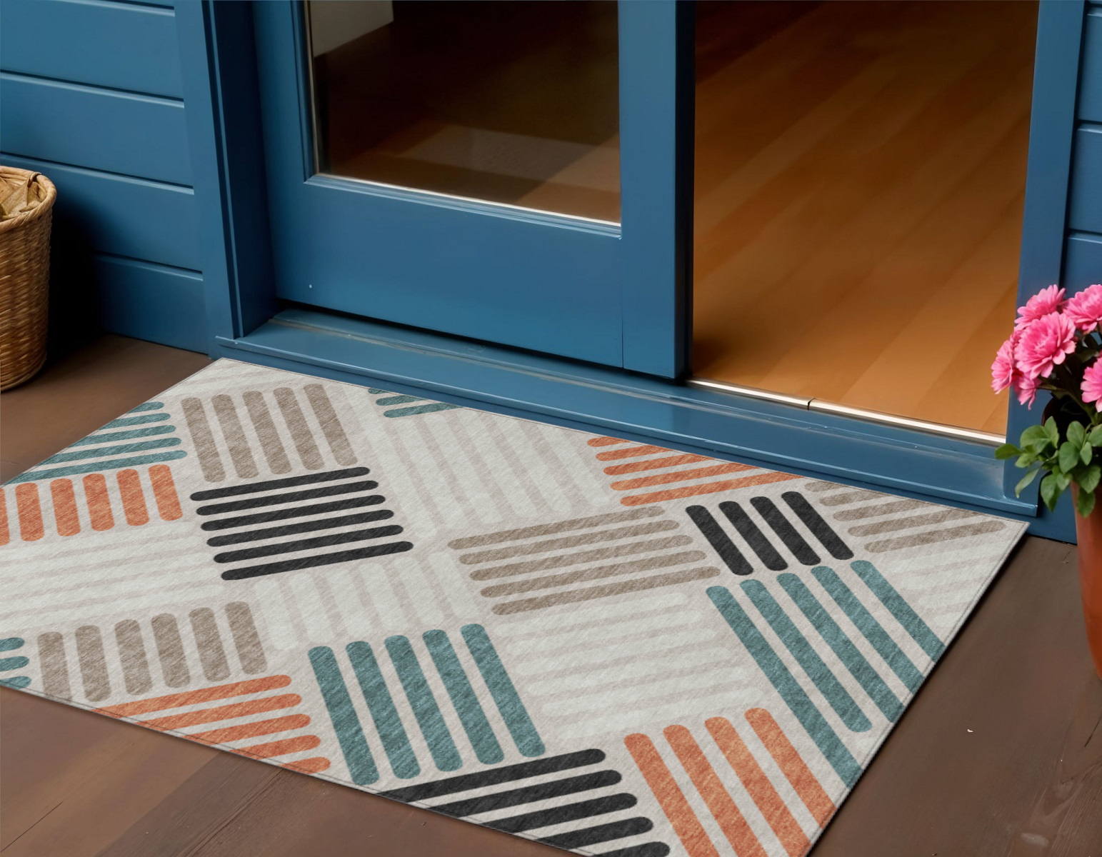 3' X 5' Sand Ivory And Black Geometric Washable Indoor Outdoor Area Rug