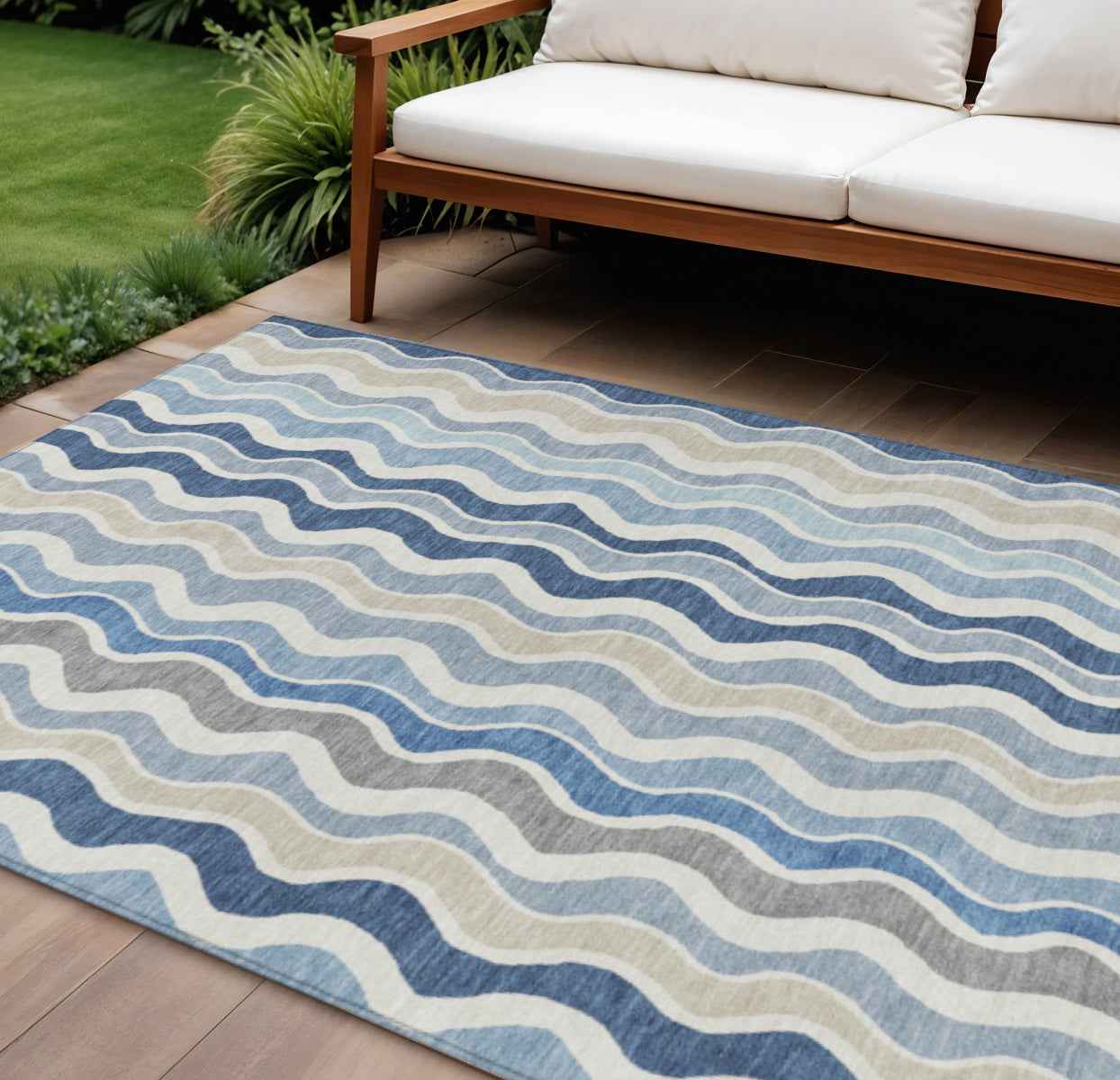 8' X 10' Blue Khaki And Ivory Striped Washable Indoor Outdoor Area Rug