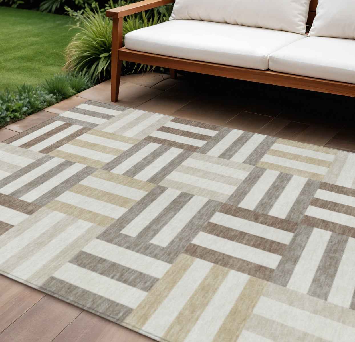 9' X 12' Ivory Gray And Brown Geometric Washable Indoor Outdoor Area Rug
