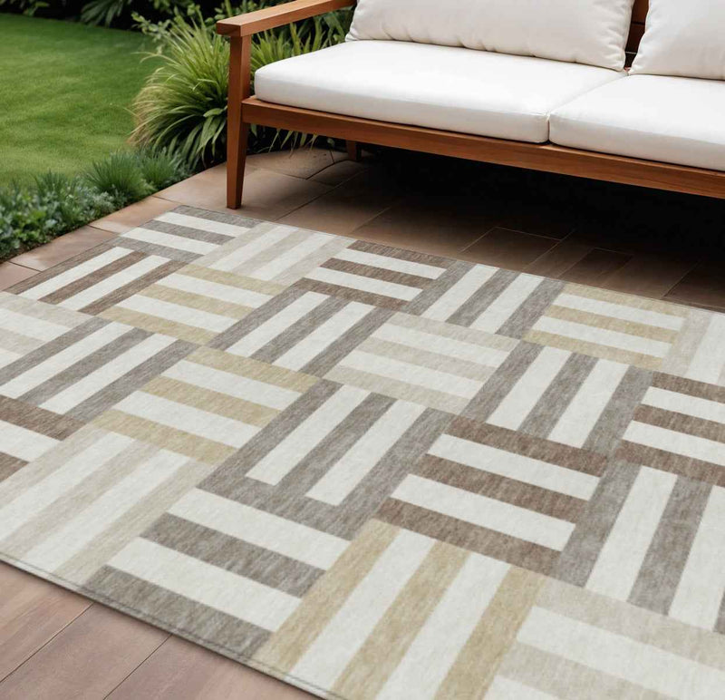 9' X 12' Ivory Gray And Brown Geometric Washable Indoor Outdoor Area Rug
