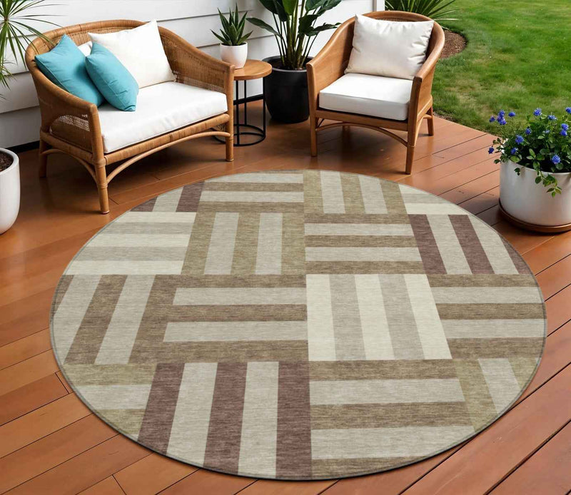 8' Brown Beige And Ivory Round Geometric Washable Indoor Outdoor Area Rug