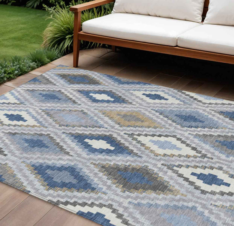 9' X 12' Denim Blue Gray And Ivory Geometric Washable Indoor Outdoor Area Rug