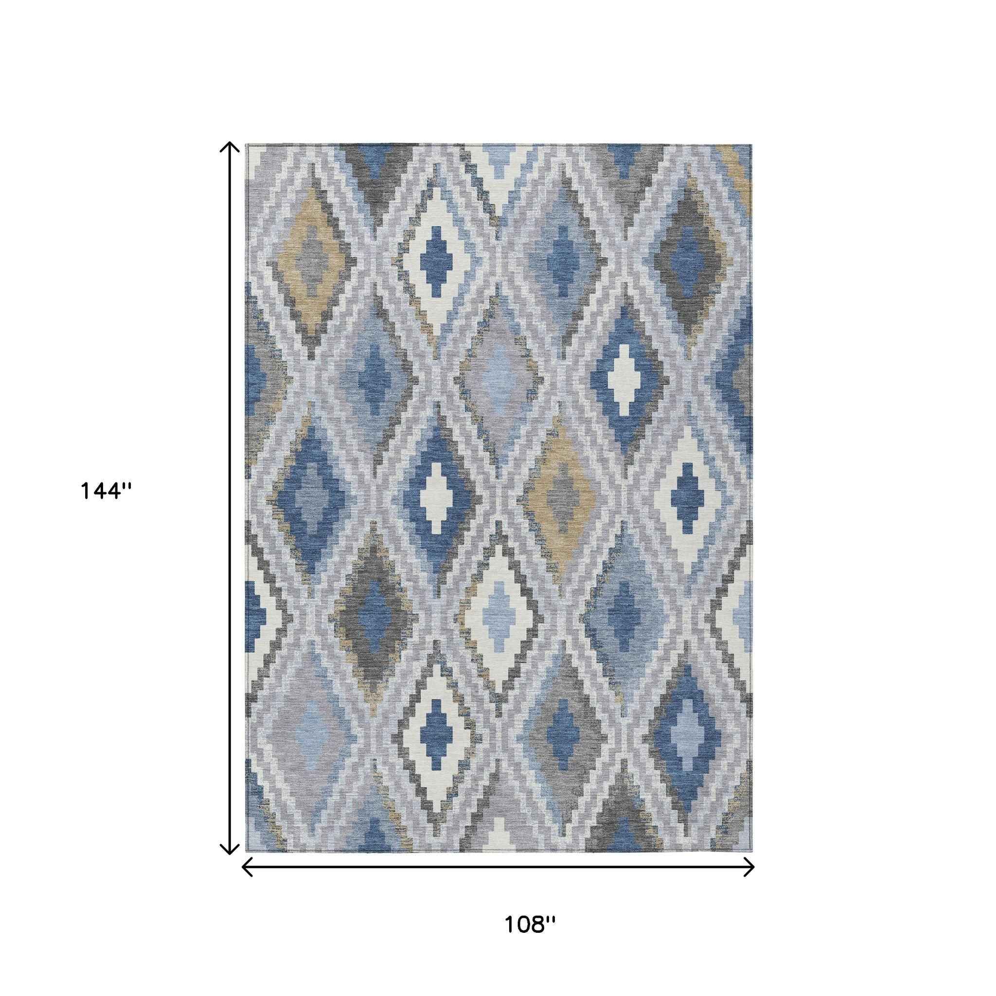 9' X 12' Denim Blue Gray And Ivory Geometric Washable Indoor Outdoor Area Rug