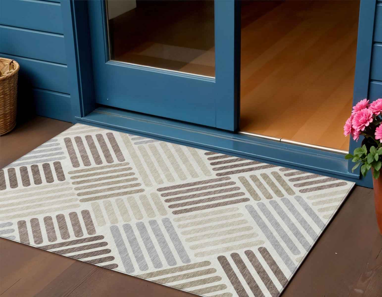 3' X 5' Ivory Beige And Brown Geometric Washable Indoor Outdoor Area Rug