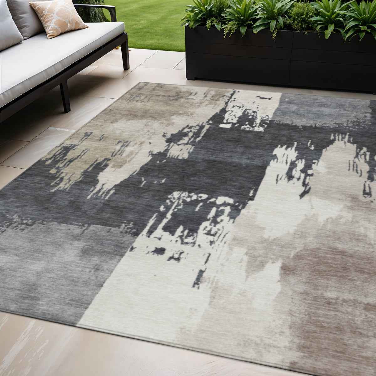 5' X 8' Charcoal Ivory And Beige Abstract Washable Indoor Outdoor Area Rug