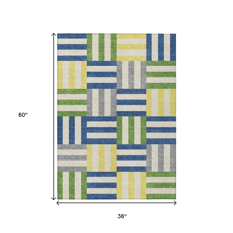 3' X 5' Blue Yellow And Green Geometric Washable Indoor Outdoor Area Rug