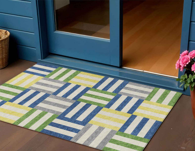 3' X 5' Blue Yellow And Green Geometric Washable Indoor Outdoor Area Rug