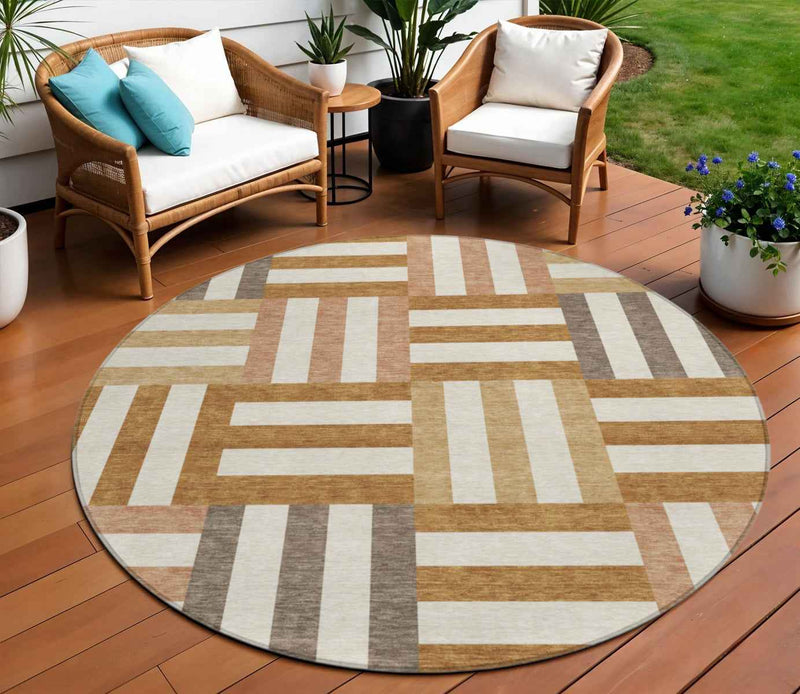 8' Chili Red Ivory And Copper Round Geometric Washable Indoor Outdoor Area Rug