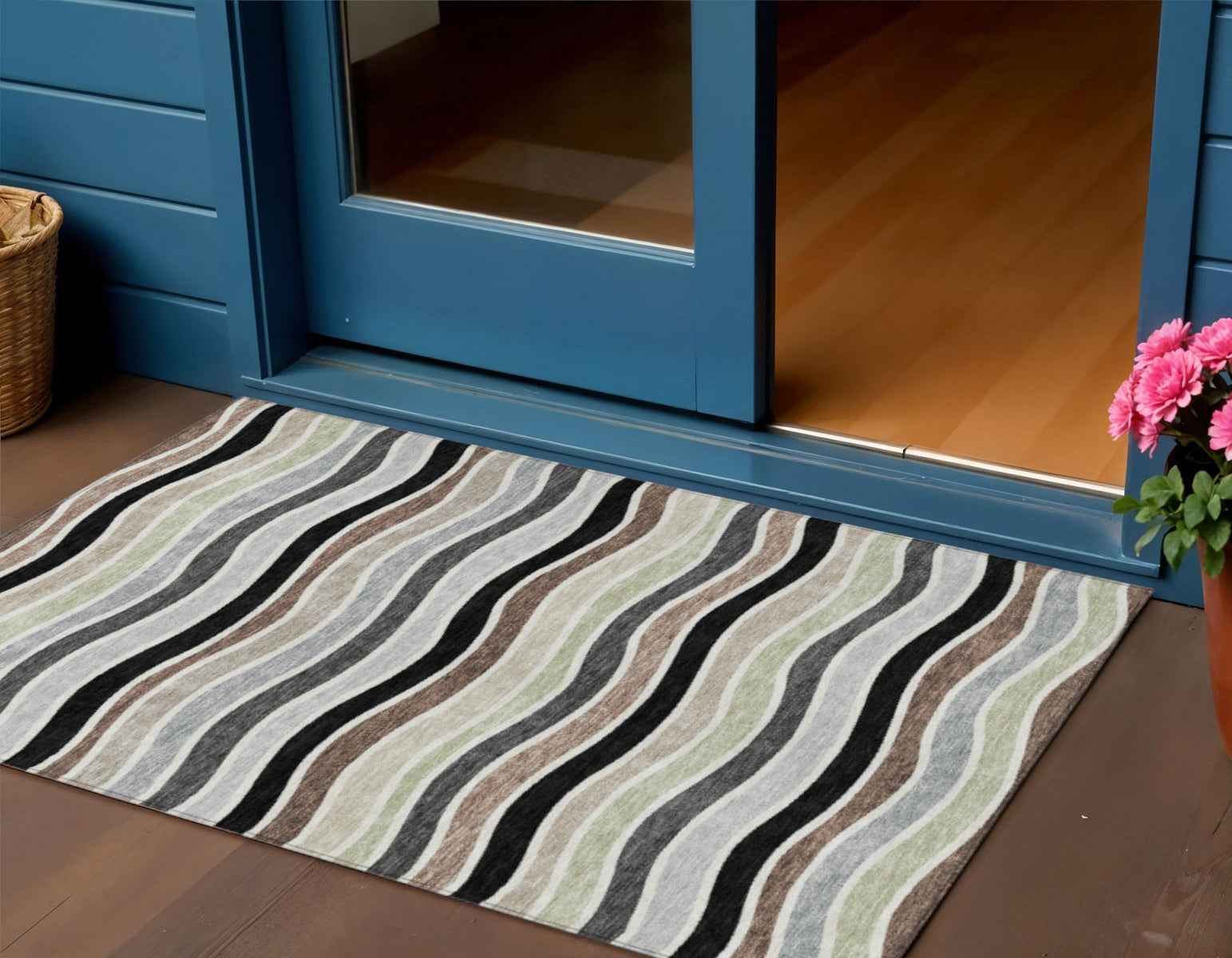 3' X 5' Black Pewter And Ivory Striped Washable Indoor Outdoor Area Rug