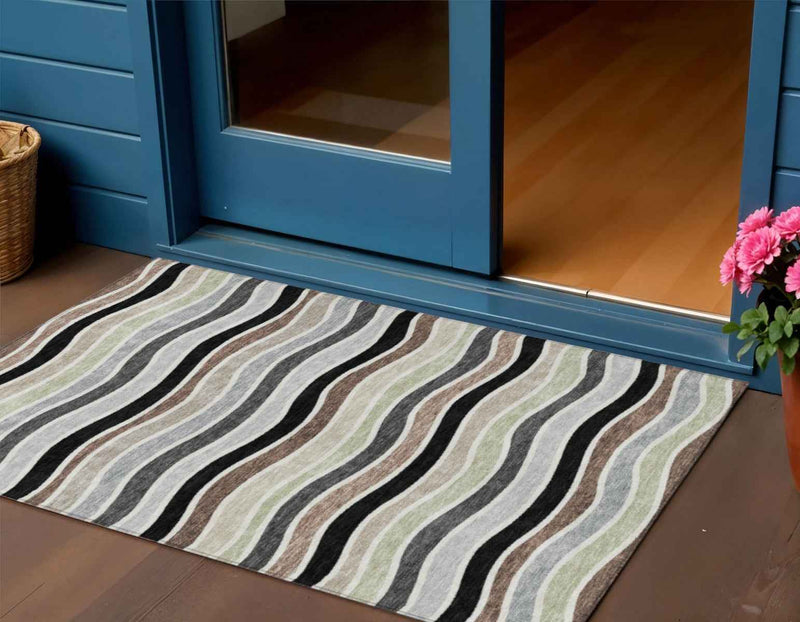 3' X 5' Black Pewter And Ivory Striped Washable Indoor Outdoor Area Rug