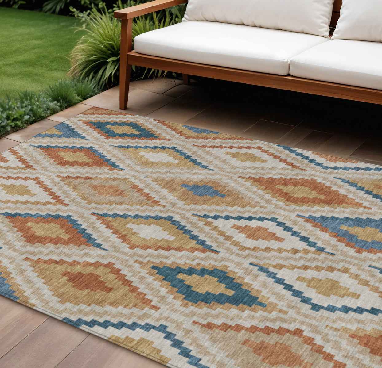 8' X 10' Beige Blue And Terra Cotta Geometric Washable Indoor Outdoor Area Rug