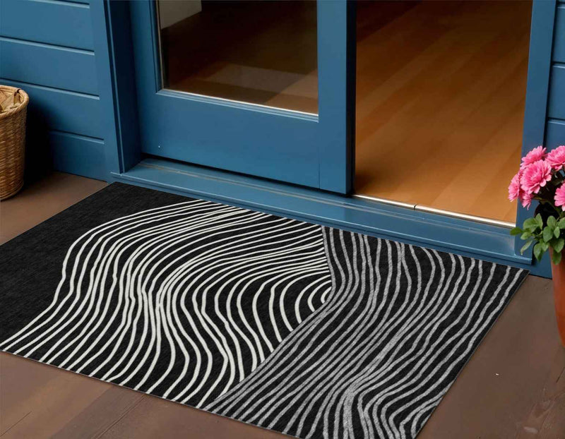 3' X 5' Black Ivory And Gray Striped Washable Indoor Outdoor Area Rug