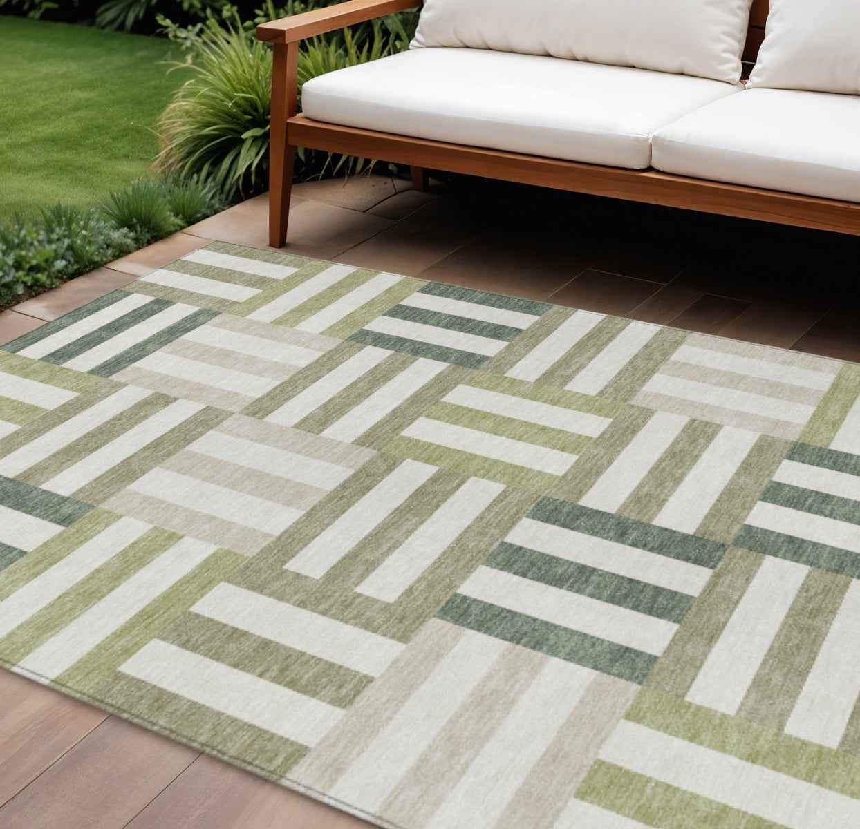 8' X 10' Sage Ivory And Taupe Geometric Washable Indoor Outdoor Area Rug