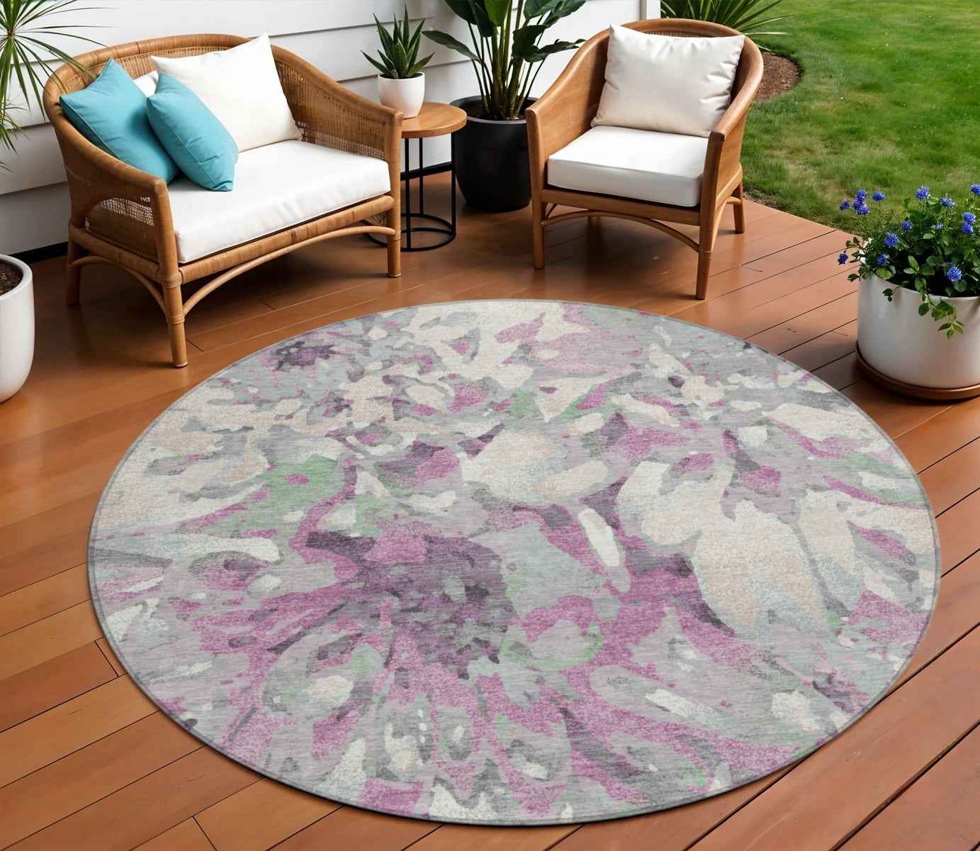 8' Blush Ivory And Gray Round Floral Washable Indoor Outdoor Area Rug